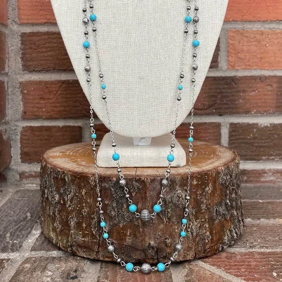 Layered Navajo Style Pearl & Turquoise Spaced Bead Necklaces - Picture 3 of 4